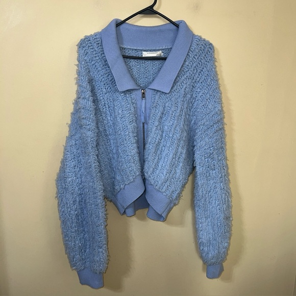 Anthropologie Baby Blue Fuzzy Zip-Up Brushed Sweater Cardigan Large - Picture 3 of 6
